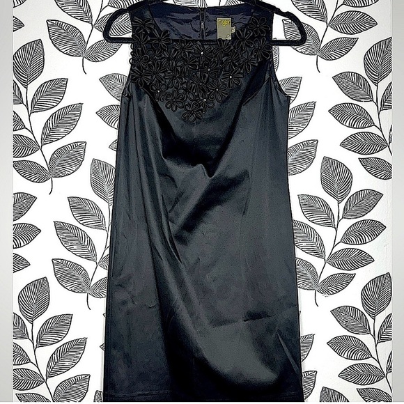 Taylor Cocktail Dress 4 Mini Black Satin Silky Faux Leather Embellished Floral - Picture 1 of 14